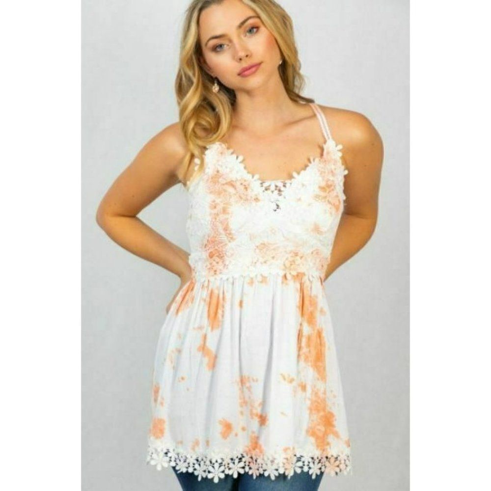 Sale! White Birch USA Orange Creamsicle Lace Cami Top Flowy Floral Embroidered